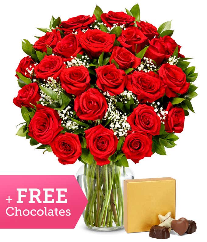 Two Dozen Red Roses + Free Chocolates