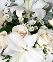 Alternative image 3 for An elegant floral arrangement featuring white roses, white lilies, white asters, and eucalyptus, optionally displayed in a glass vase.