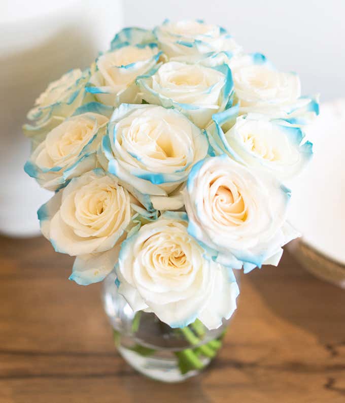 One Dozen Aquamarine Roses in Clear Glass Vase