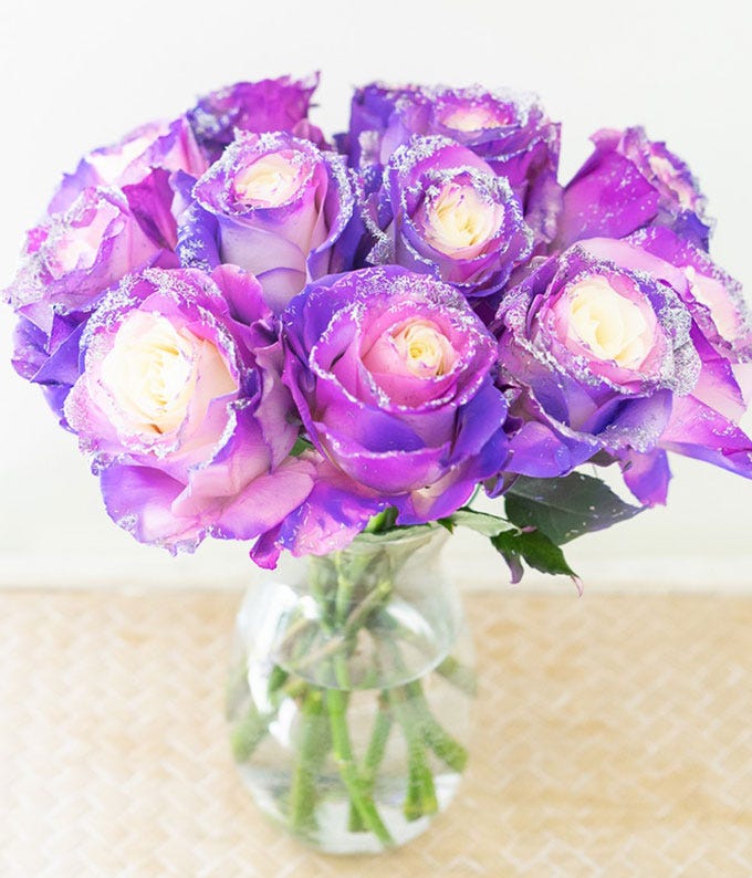 One Dozen Pastel Purple Glitter Roses in Clear Glass Vase at From You