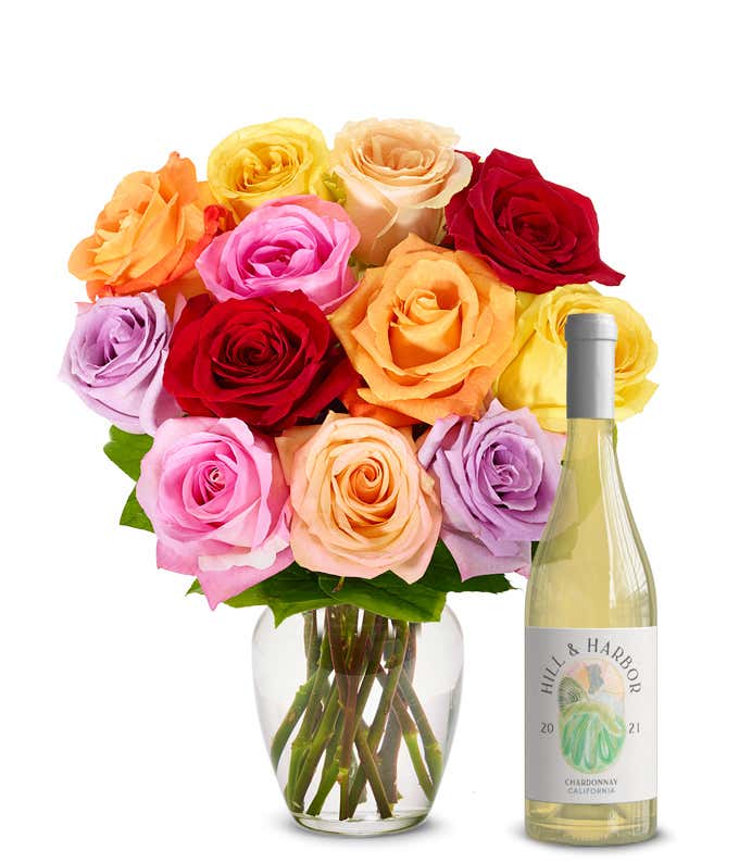 One Dozen Rainbow Roses with White Wine