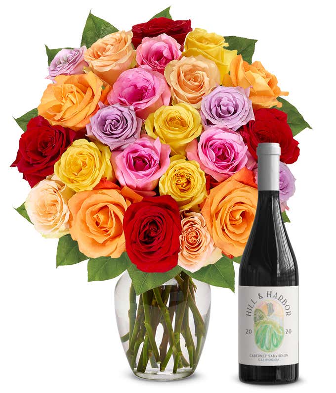 Two Dozen Rainbow Roses with Red Wine