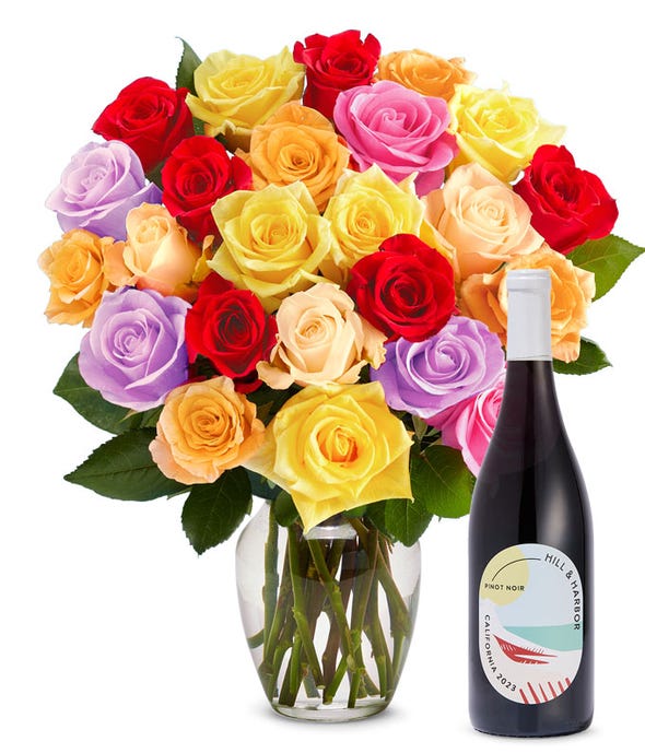 Two Dozen Rainbow Roses with Red Wine at From You Flowers