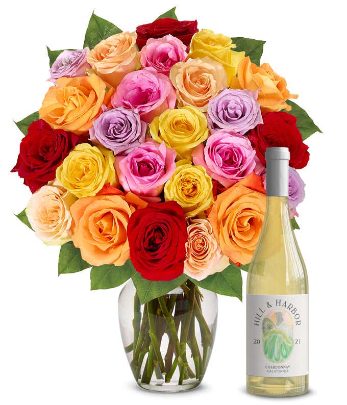 Two Dozen Rainbow Roses with White Wine