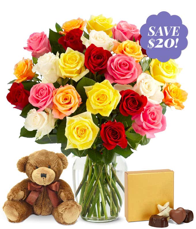 Two Dozen Rainbow Roses with Bear & Chocolates