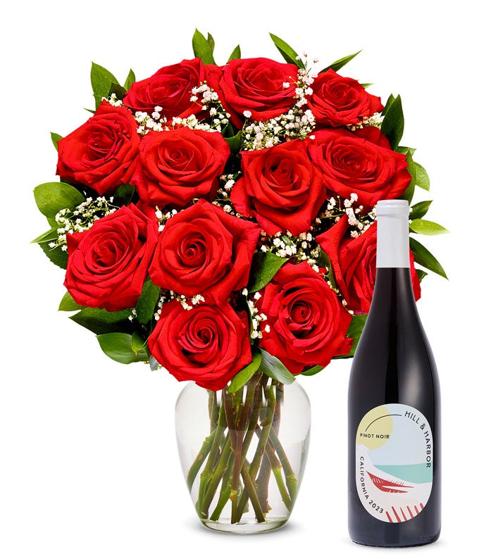 One Dozen Red Roses with Red Wine at From You Flowers