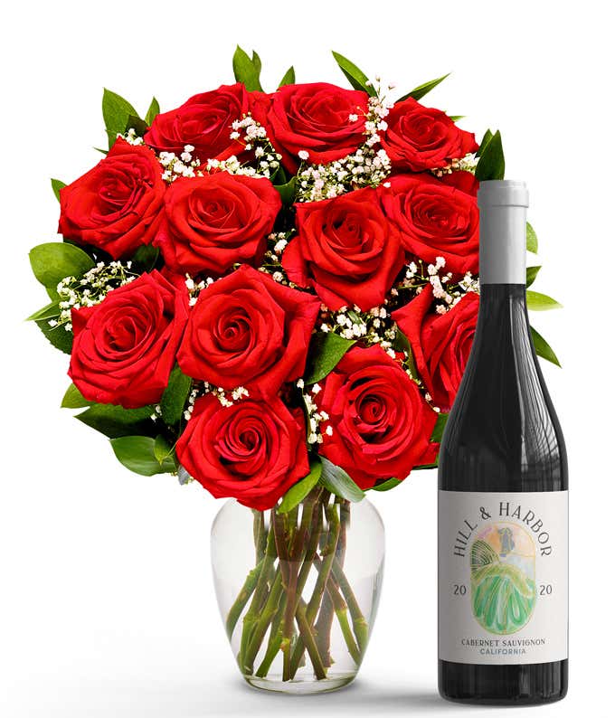 One Dozen Red Roses with Red Wine