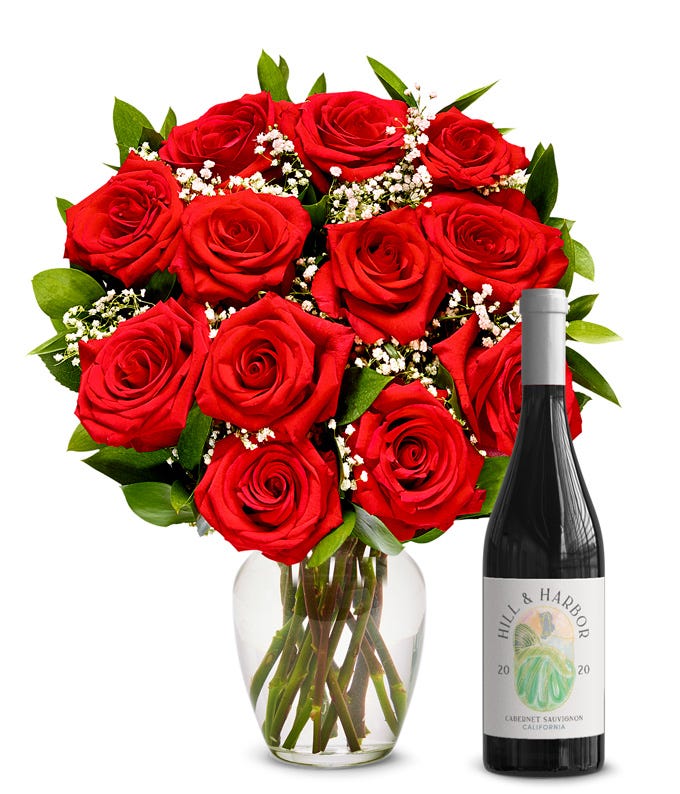 One Dozen Red Roses with Red Wine at From You Flowers