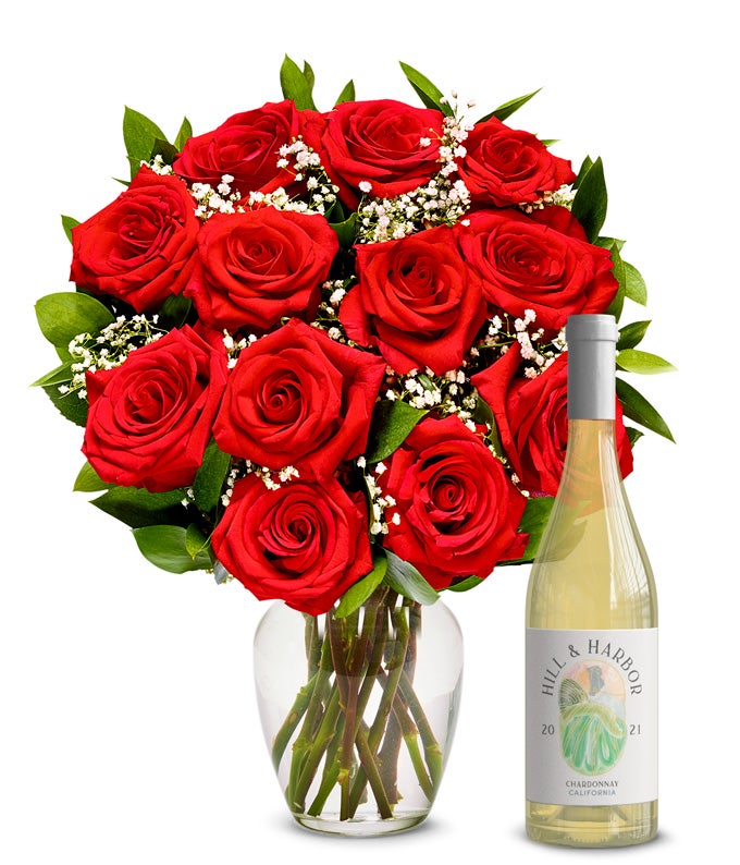 One Dozen Red Roses with White Wine at From You Flowers