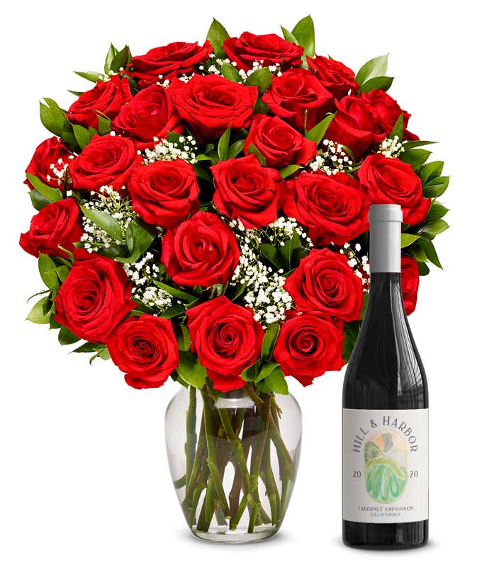Two Dozen Red Roses with Red Wine
