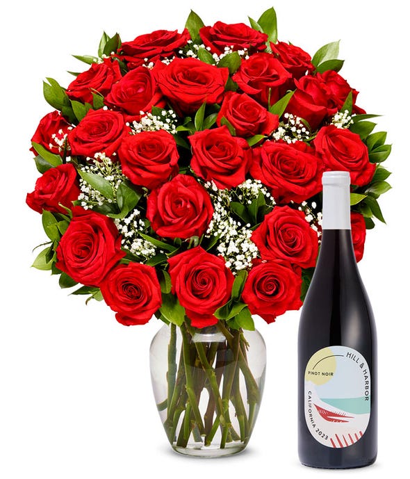 Two Dozen Red Roses with Red Wine at From You Flowers