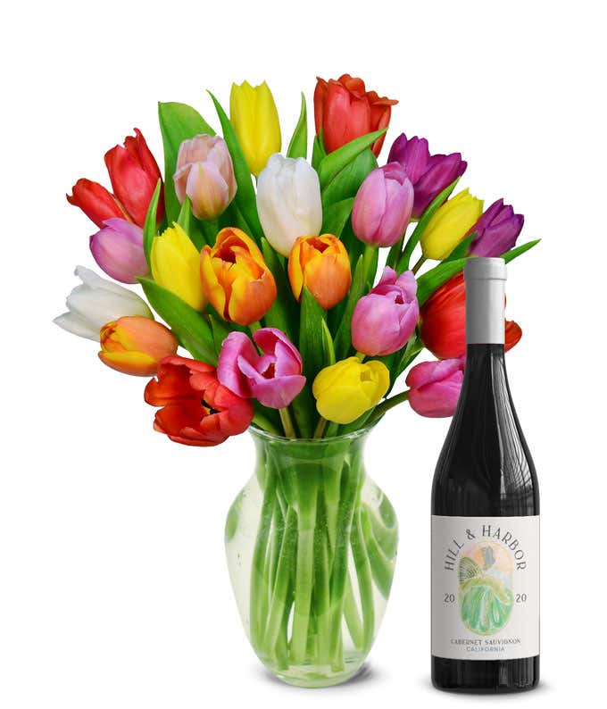 Premium Rainbow Tulip Bouquet with Red Wine