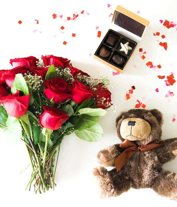 Red Roses with Chocolate, Teddy Bear, Confetti