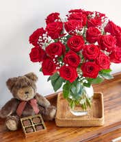 Alternative image 2 for Two dozen red roses delivered with teddy bear and chocolates