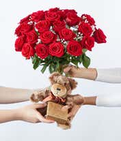 Alternative image 4 for Two dozen red roses delivered with teddy bear and chocolates