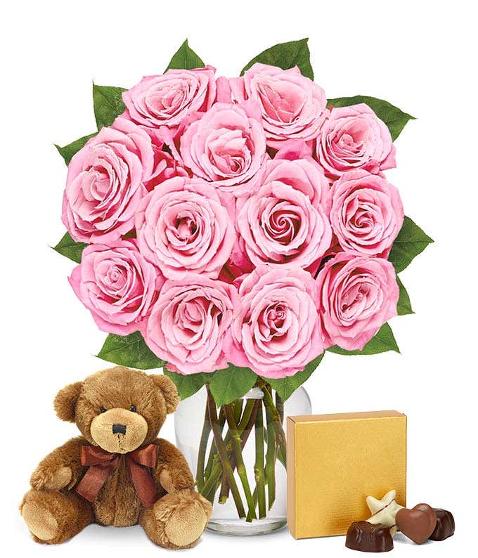 One dozen pink roses, teddy bear and box of chocolates