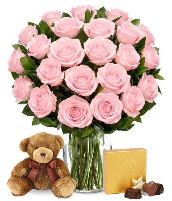 Two Dozen Pink Roses with Chocolates and a Bear at From You Flowers