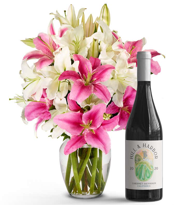 Pink and White Lilies with Red Wine