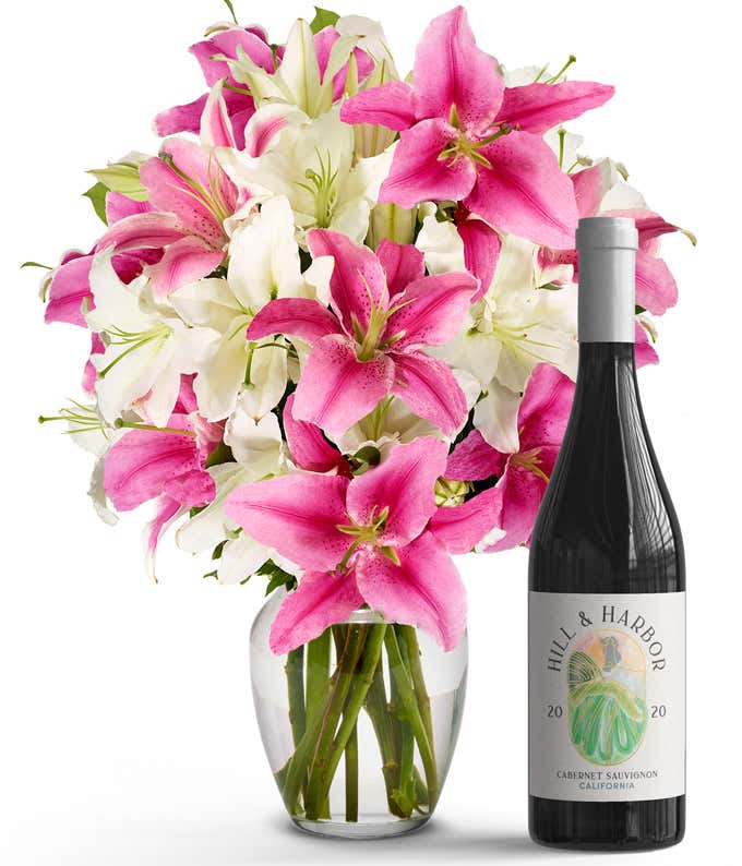 Premium Pink and White Lilies with Red Wine