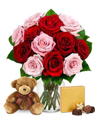 Dozen Red & Pink Roses with Chocolates and Bear at From You Flowers