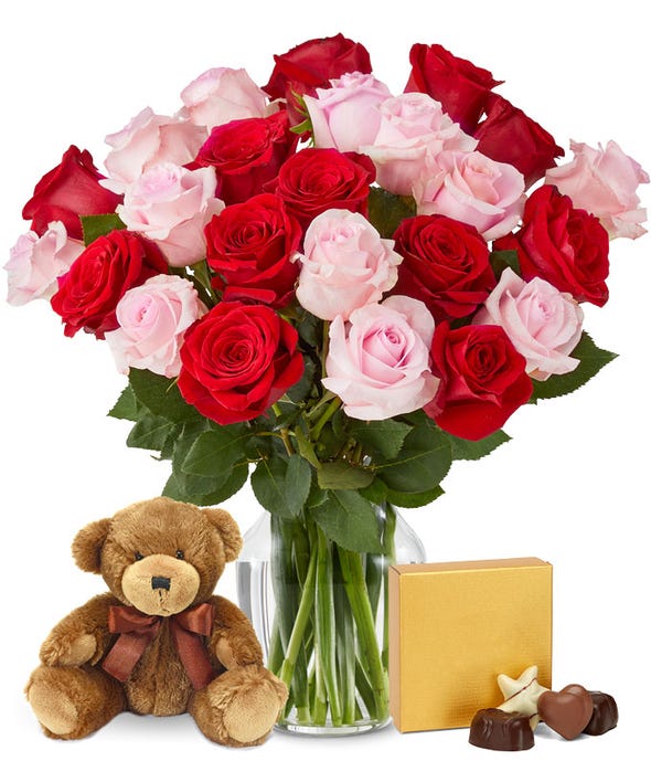 Two Dozen Red & Pink Roses with Chocolates & Bear at From You Flowers