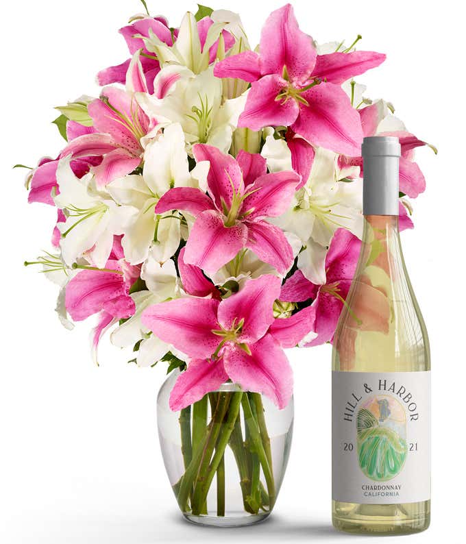 Premium Pink and White Lilies with White Wine