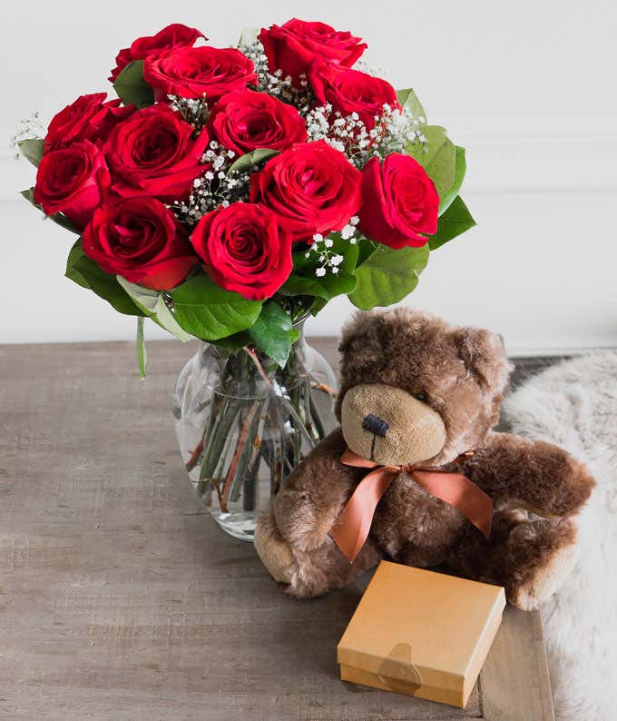 12 Long Stem Red Roses with Chocolate & Bear