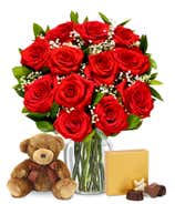 One Dozen Red Roses with Bear & Chocolates