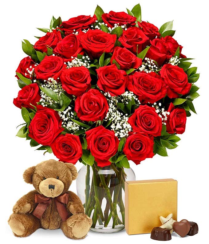 Two Dozen Red Roses with Bear & Chocolates