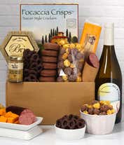 A gift set featuring a bottle of Hill & Harbor Chardonnay, focaccia crisps, 2 cheeses, mustard, summer sausage, caramel popcorn, chocolate pretzels, and 6 chocolate-covered Oreos for a sweet and savory gourmet experience.