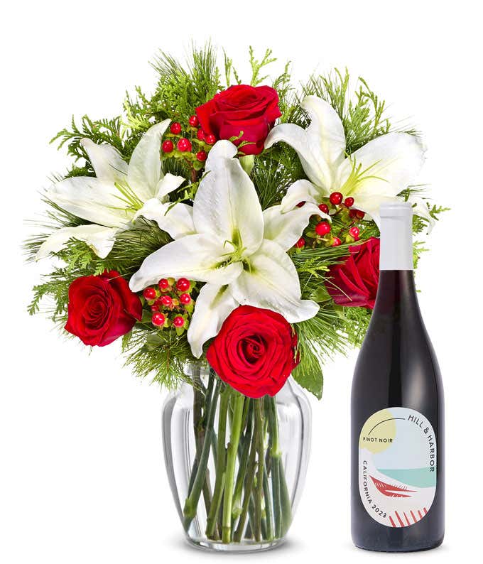 Classic Christmas Lily Bouquet with Red Wine