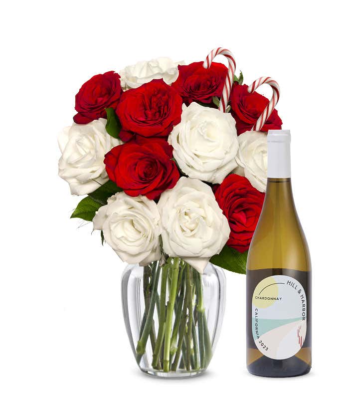 Sweet Candy Cane Rose Bouquet with White Wine