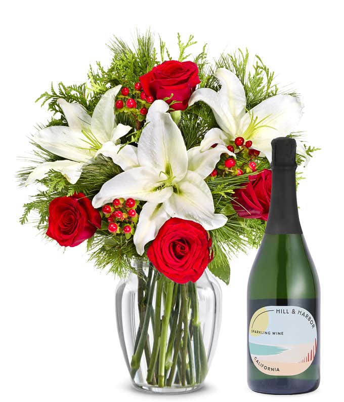 Classic Christmas Lily Bouquet with Sparkling Wine