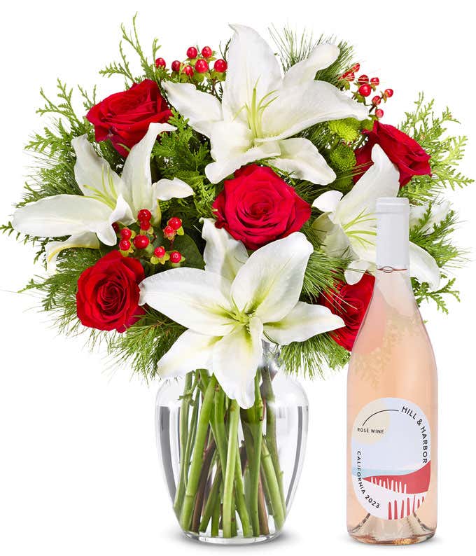 Premium Christmas Lily Bouquet with Rosé Wine