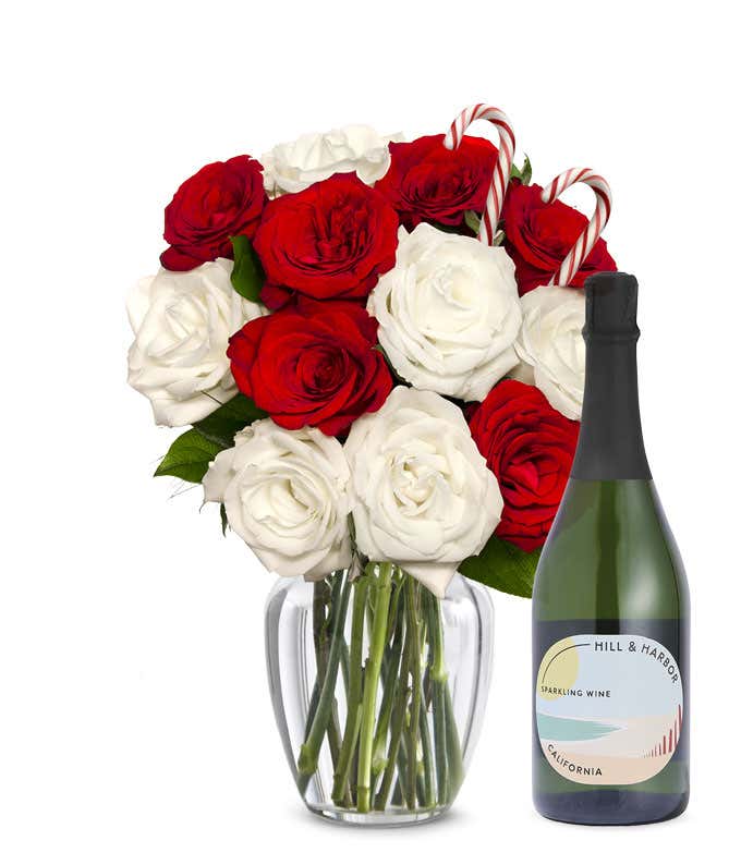 Sweet Candy Cane Rose Bouquet with Sparkling Wine