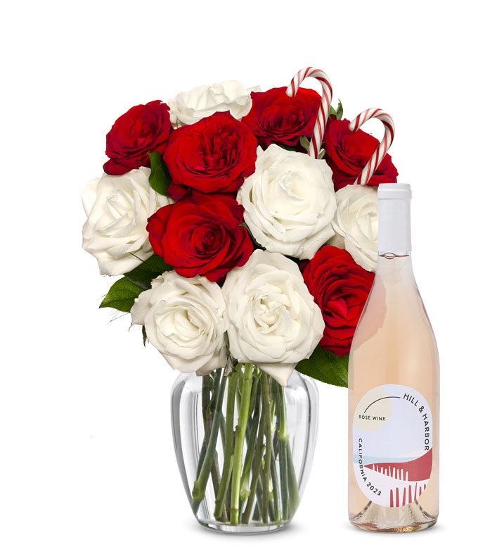 Sweet Candy Cane Rose Bouquet with Ros Wine