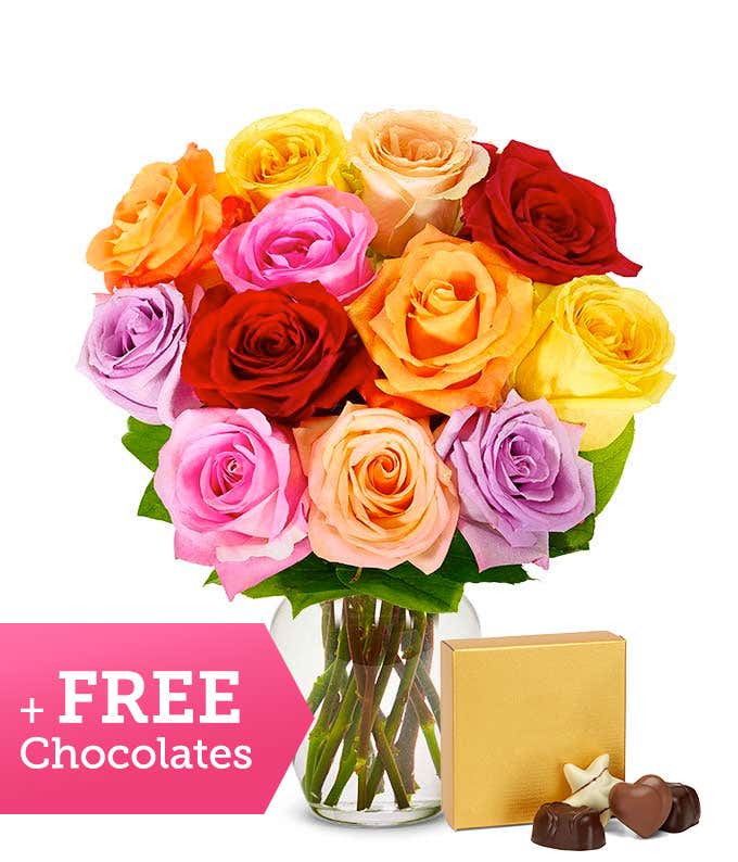 One Dozen Rainbow Roses + Free Chocolates