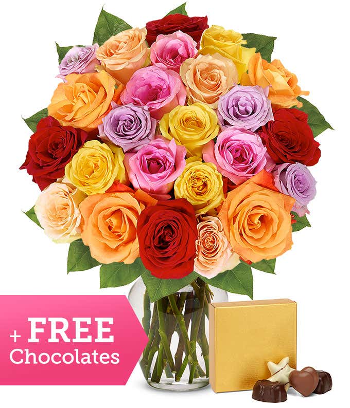 Two Dozen Rainbow Roses with Free Chocolates