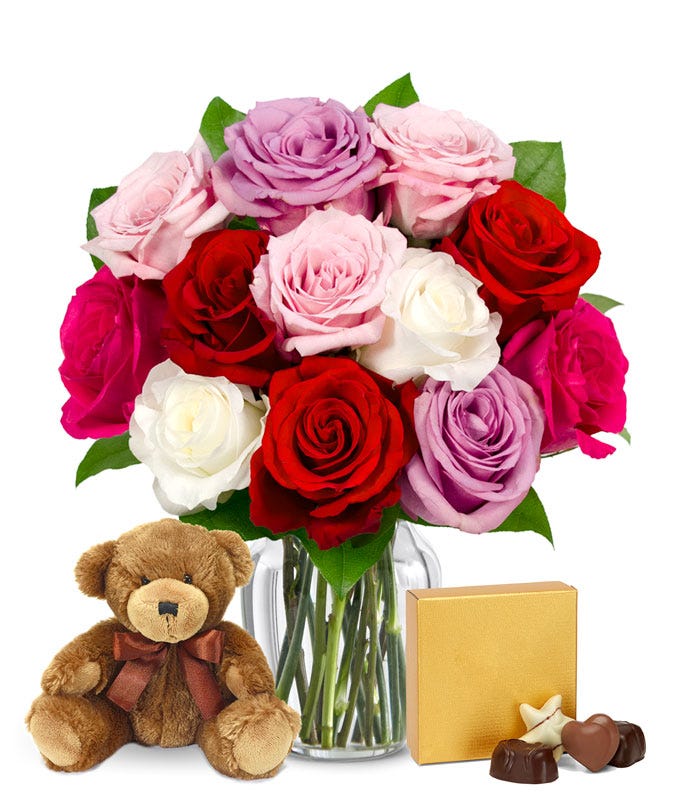One Dozen Assorted Sweetheart Roses with Chocolates & Bear at From You ...