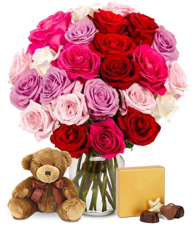 Two Dozen Assorted Sweetheart Roses with Chocolates & Bear