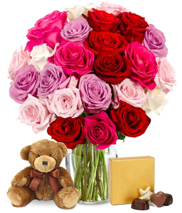 Two Dozen Assorted Sweetheart Roses with Chocolates & Bear at From You ...