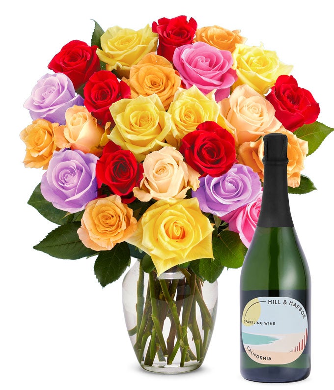 Two Dozen Rainbow Roses with Sparkling Wine