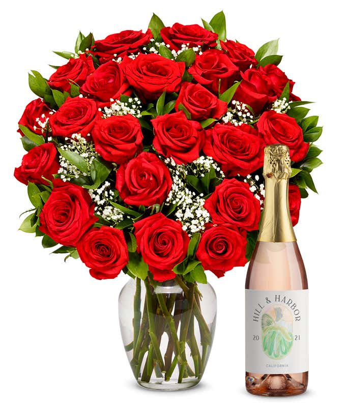Two Dozen Red Roses with Sparkling Wine 