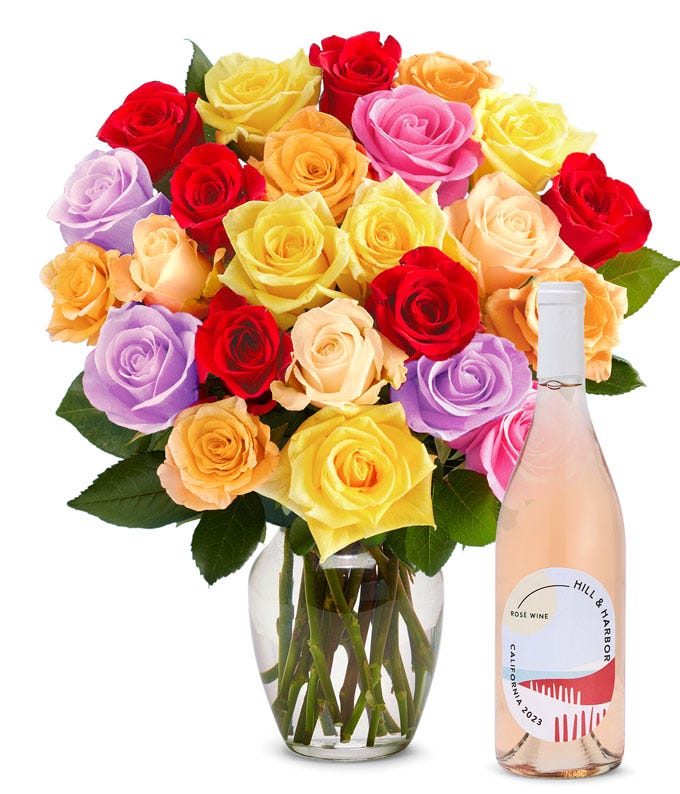 Two Dozen Rainbow Roses and Rosé at From You Flowers