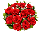 a bouquet of 12 red roses with small white flowers and greenery in between in a clear glass vase