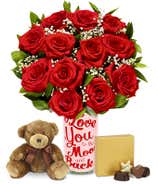One Dozen Red Love You to the Moon Roses with Chocolates & Teddy Bear