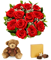 One Dozen Red Love You to the Moon Roses with Chocolates Teddy Bear at From You Flowers