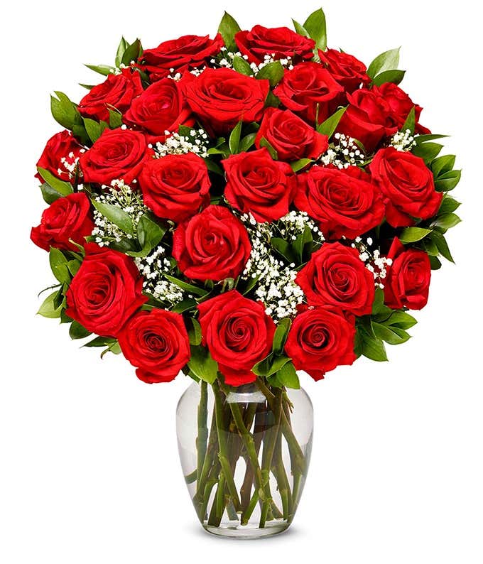 a bouquet of 24 red roses with small white flowers and greenery in between in a clear glass vase