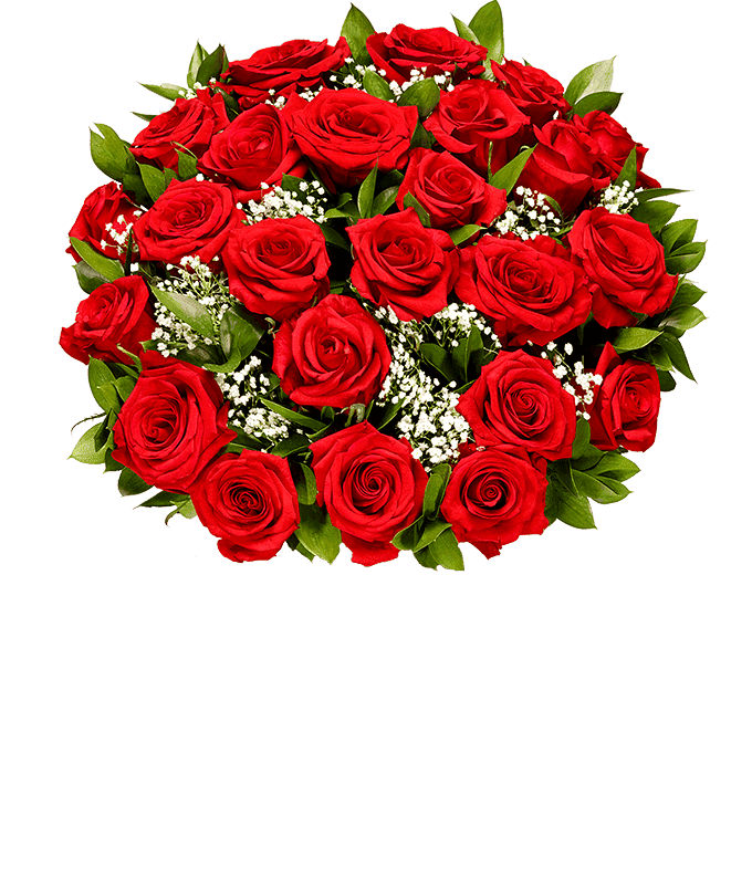a bouquet of 24 red roses with small white flowers and greenery in between in a clear glass vase