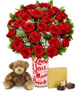 Two Dozen Red Love You to the Moon Roses with Chocolates & Teddy Bear